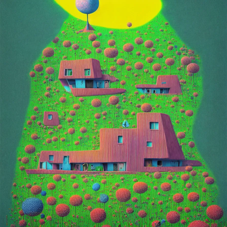 Image similar to surreal glimpse into other universe, house by norman foster, summer morning, very coherent and colorful high contrast, art by gediminas pranckevicius, geof darrow,!!! tove jansson!!!, floralpunk screen printing woodblock, dark shadows, hard lighting, stipple brush technique,