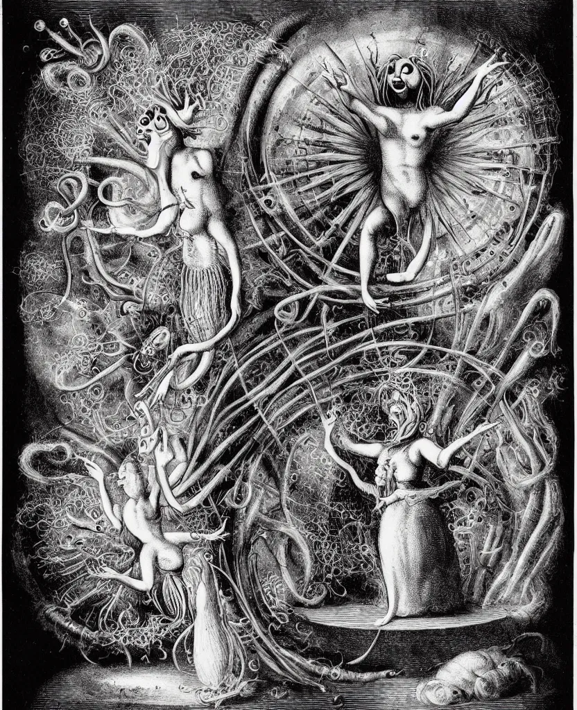 Image similar to whimsical freaky creature sings a unique canto about'as above so below'being ignited by the spirit of haeckel and robert fludd, breakthrough is iminent, glory be to the magic within