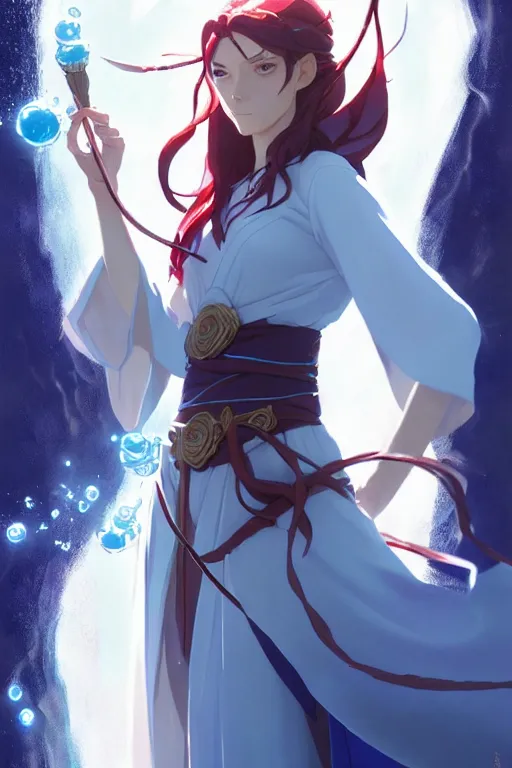 Image similar to elf female sorcerer doing water magic spells, blue robes, red hair, finely detailed perfect face, exquisite details, mid view, design on a white background, by studio muti, greg rutkowski makoto shinkai takashi takeuchi studio ghibli