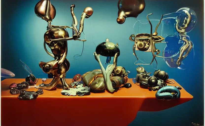 Image similar to strange seductive futuristic robot body, enticing colorful oil painting dutch golden age vanitas longing sensual still life sparse composition with bulbous objects strange gooey transparent surfaces shiny metal reflections bizarre mutant meat insects rachel ruysch dali todd schorr very detailed perfect composition rule of thirds masterpiece canon 5 0 mm, cinematic lighting, photography, retro, film, kodachrome