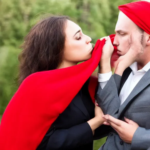 Image similar to a woman in a red dress kissing a man in a suit with both of them having a blanket completely covering their heads