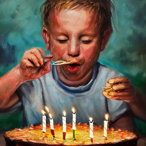 Image similar to intricate five star portrait of fish man blowing the candle at his birthday, oil on canvas, hdr, high detail, photo realistic, hyperrealism, matte finish, high contrast, 3 d depth, centered, masterpiece, grainy, muted colors, enhanced light effect, enhanced eye detail, artstationhd