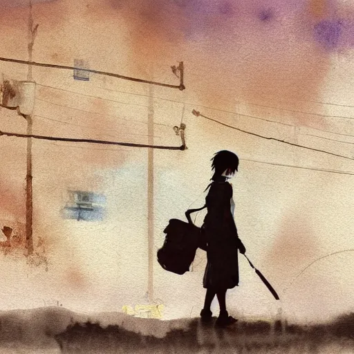 Image similar to incredible wide screenshot, ultrawide, simple watercolor, rough paper texture, ghost in the shell movie scene, backlit distant shot of girl, bold graphic graffiti, bright sun bleached ground, mud, fog, dust, windy, pale beige sky, junk tv, texture, dust, tangled overhead wires, telephone pole, dusty, dry, pencil marks, genius party, A master piece of storytelling, shinjuku, koji morimoto, katsuya terada, masamune shirow, tatsuyuki tanaka hd, 4k, remaster, dynamic camera angle, deep 3 point perspective, fish eye, dynamic scene