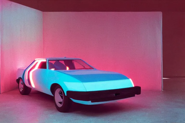 Image similar to designed by Giorgetto Giugiaro stylized poser of a 1977 AMC Pacer, thick neon lights, ektachrome photograph, volumetric lighting, f8 aperture, cinematic Eastman 5384 film