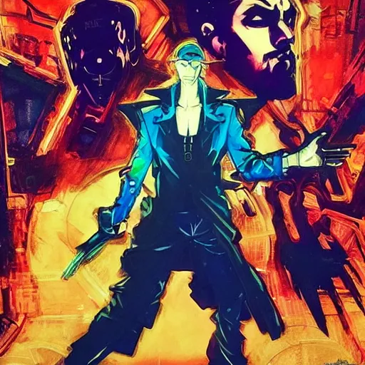 Image similar to portrait of the hacker cyberpunk magician in a dramatic jojo pose tarot card, golden blue outfit, oil on canvas by yoji shinkawa and esao andrews and ryuichi sakamoto