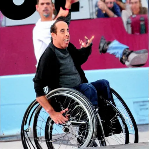 Image similar to jerry seinfeld jumping a wheelchair at x games magazine photo