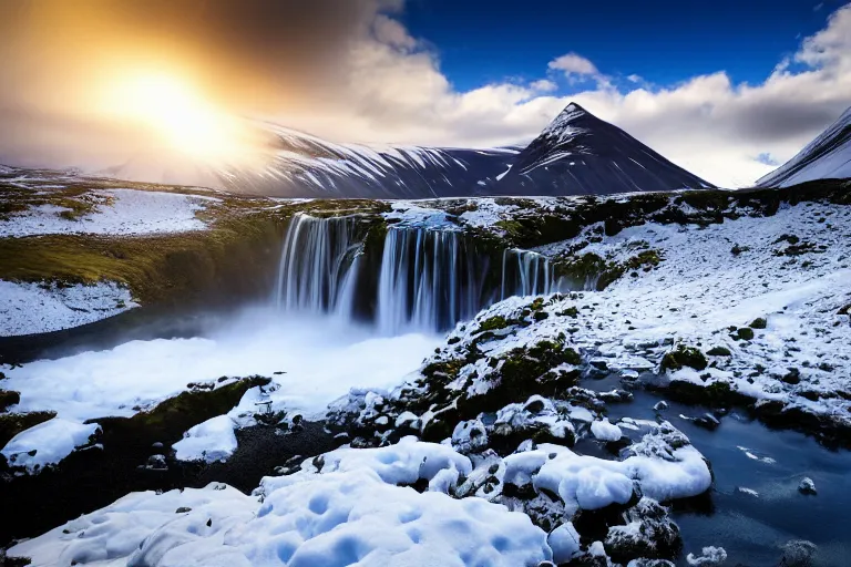 Image similar to photo of a landscape with mountains with waterfalls and snow on top, wallpaper, iceland, new zeeland, professional landscape photography, sunny, day time, beautiful