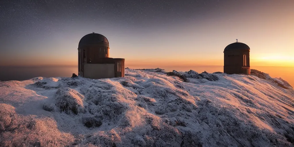 Prompt: stunning photo of landscape with an observatory on a mountain by mikko lagerstedt