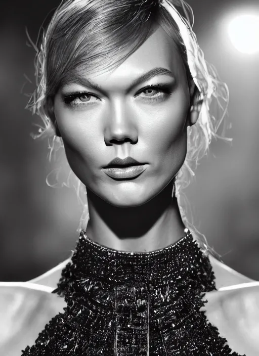 Image similar to A beautiful portrait of Karlie Kloss as a model at Chanel fashion show Paris Spring/Summer 2018, highly detailed, in the style of cinematic, fashionweek backstage, makeup by Pat Mcgrath, shot by Greg rutkowski