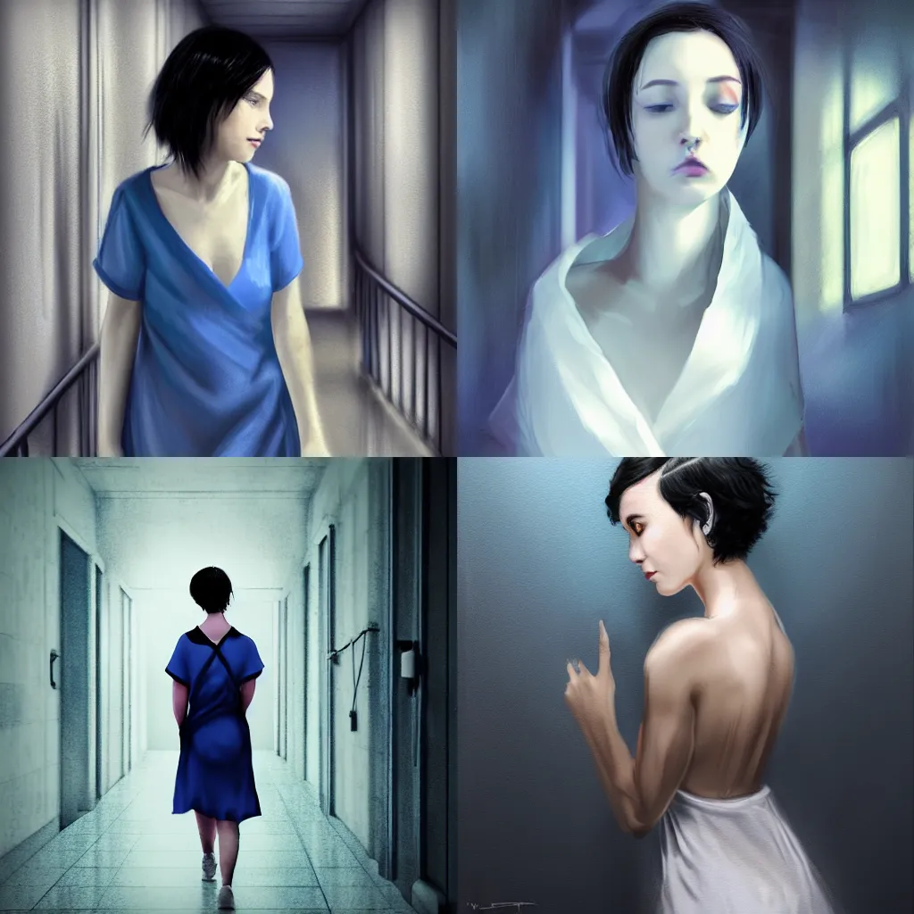 Prompt: A young woman with short black hair, wearing a white hospital gown, walks down dark hallway, timid and vulnerable expression, vivid bright blue aura, medium shot, strong contrast, digital painting by WLOP