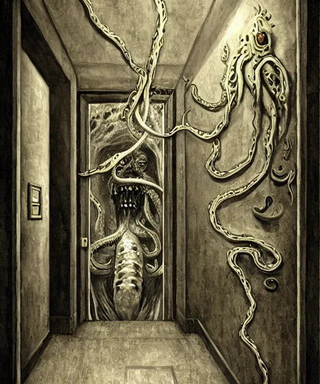 Image similar to horrifying photorealistic painting of a 1 9 2 5 hotel elevator lobby with teeth instead of elevator doors, opening sideways with a tentacle licking out, dark, atmospheric, brooding, smooth, finely detailed, cinematic, epic, lovecraft, in the style of larry elmore