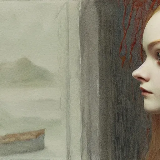 Prompt: Elle Fanning in the painted world of Crimson Peak, head and shoulders masterpiece, apocalypse, golden hour, cosmic horror, artstation, in the style of Andrew Wyeth and Edward Hopper and Bosch, extremely detailed