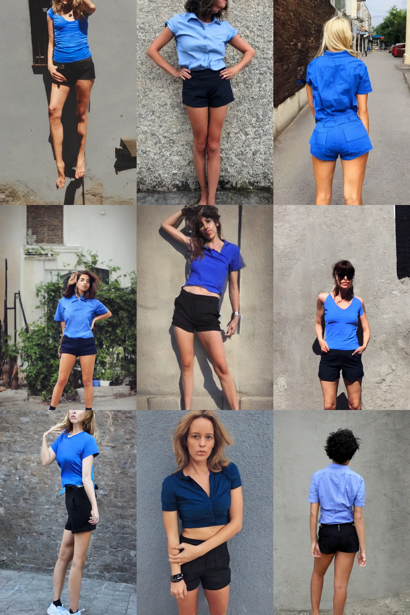 Prompt: a woman in a blue shirt and black shorts, a picture by leila faithfull, tumblr, rasquache, full body,