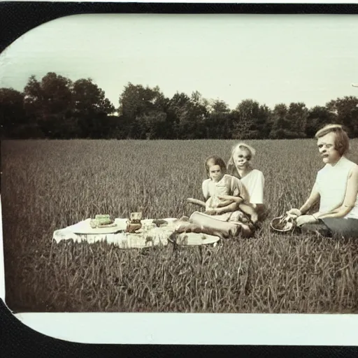 Prompt: old polaroid of an family picnic with a weird creature in a corn field