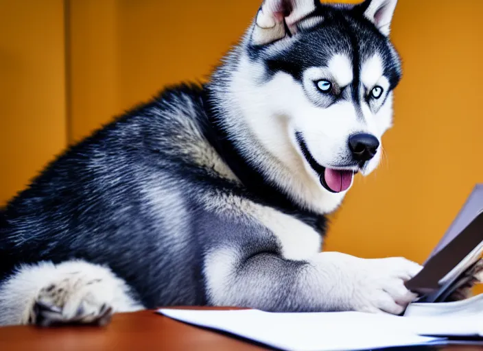 Prompt: photo of a husky dog!! in a suit and glasses, reading a document at a desk in an office. Highly detailed 8k. Intricate. Sony a7r iv 55mm. Award winning.