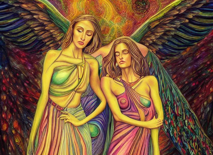 Image similar to a painting of two women standing in front of an angel, digital art by Amanda Sage, deviantart, psychedelic art, mystical, sense of awe, lovecraftian