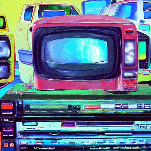 Image similar to array of crt televisions made out of cars, tv static, blob, technology, antenna, stacked, junkyard, polaroid, steroids, adult video store, impressionist painting, painting, acrylic painting, cell shaded