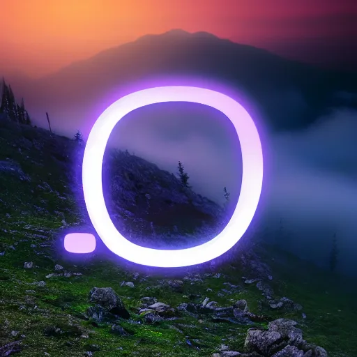 Image similar to glowing letter v on top of a mountain, purple fog and clouds, 8 k, highly detailed,