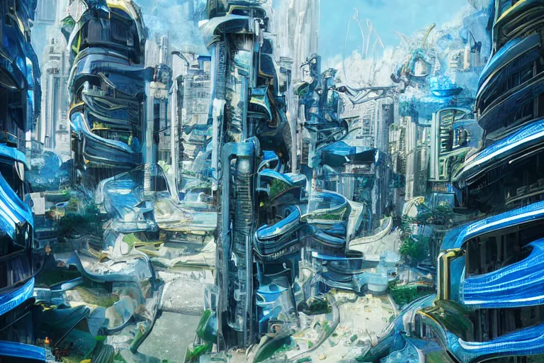 Prompt: futuristic cyberpunk city with Singaporean lush garden with royal blue and green and white and luxurious gold colors at Pamukkale, thermal waters flowing down white travertine terraces, intricate, elegant, luxurious, digital painting, concept art, smooth, sharp focus, from Star Trek 2021, illustration, by WLOP and Ruan Jia and Mandy Jurgens and William-Adolphe Bouguereau, Artgerm