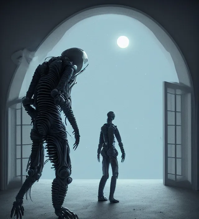 Image similar to a nightmare humanoid monster alien standing in front of a window, intricate spacesuit, moon light through the window, volumetric lighting, hyperealistic, 4 k, inspired by stephen king, inspired by lovecraft, inspired by jeffrey smith