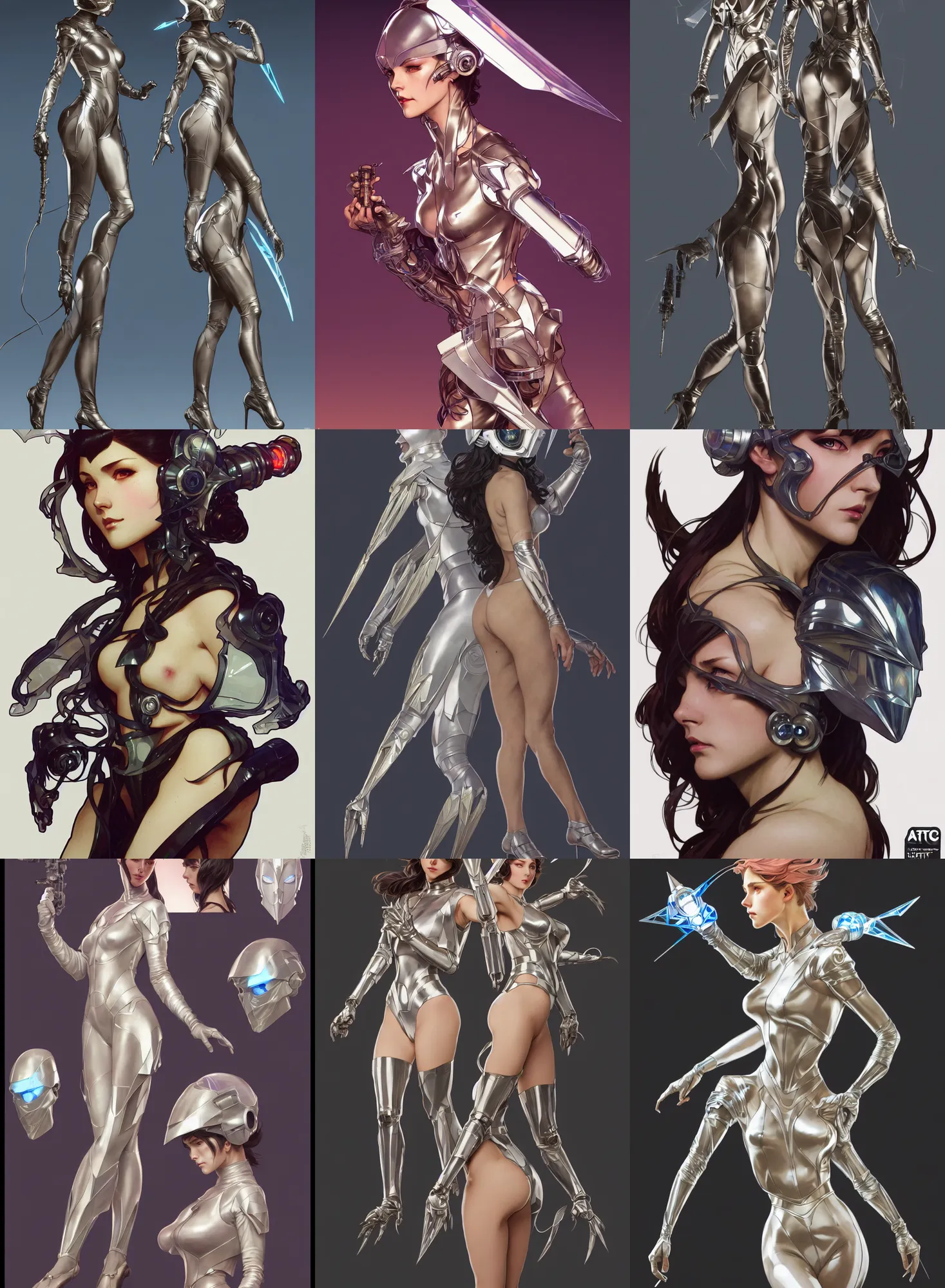 Image similar to a full body character design by artgerm, cushart krenz, greg rutkowski and alphonse mucha. sci - fi dagger. laser and translucent plastic tape project show attctive showgirl!! sci - fi helmet!! sharp edges. ultra clear detailed. contour light effect!! 8 k. ultra detailed, elegant, intricate, octane render.