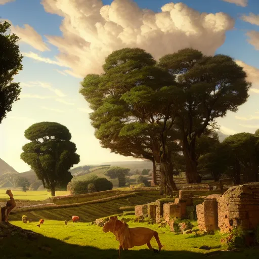 Image similar to highly detailed painting of an idyllic ancient roman pastoral landscape, dramatic, sense of scale, stephen bliss, unreal engine, greg rutkowski, ilya kuvshinov, ross draws, hyung tae and frank frazetta, tom bagshaw, tom whalen, nicoletta ceccoli, mark ryden, earl norem, global illumination, god rays, beautiful