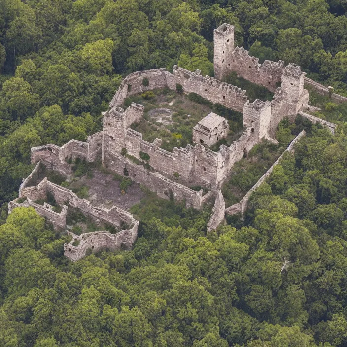 Prompt: aerial view of an ancient castle compound fortress from above in a forest shaped like the punisher symbol isometric detailed