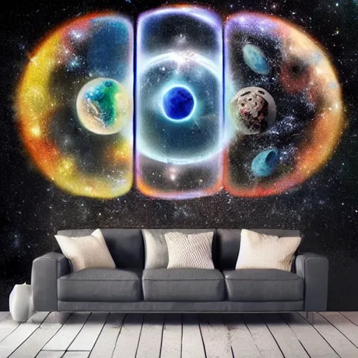 Image similar to elements of the cosmos collection on wall, multiverse astronauts standing below and beside multiverse portal