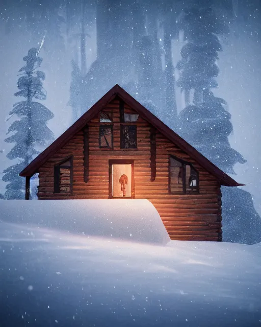 Prompt: cabin in snowstorm, yeti in distance, hyper realism, cinematic, dramatic ambient lighting, high detail, octane render, unreal engine, 8 k, vibrant colors, high contrast, depth of field, concept art, 3 d render, digital art, deviantart artstation, ray tracing, intricate complexity, extremely detailed,