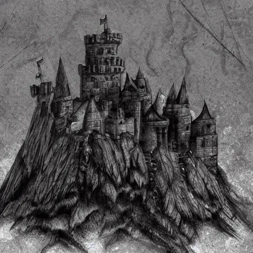 Image similar to castle of satan on a mountain in hell, dark atmospheric, trending on artstation