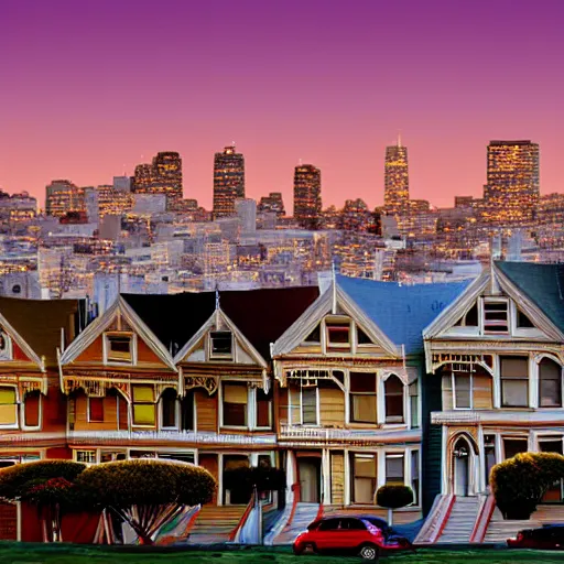 Image similar to a photograph of the painted ladies in san francisco at sunset with bokeh effect high definition