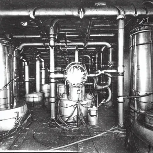 Prompt: old black and white photo, 1 9 1 3, depicting a dieselpunk lab with biomechanical aliens inside vats, historical record