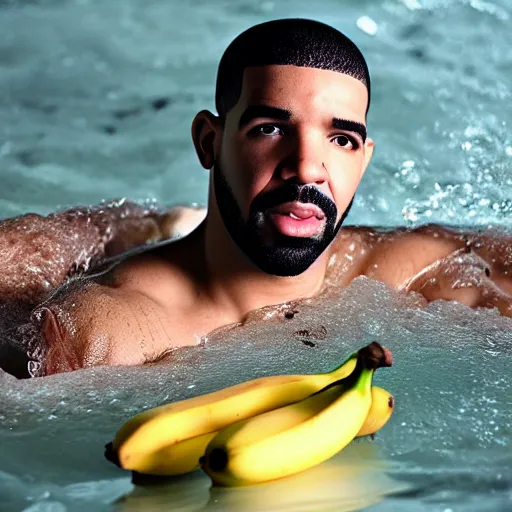 Image similar to Drake taking a bath with bananas, 8k, sharp, high details, detailed face