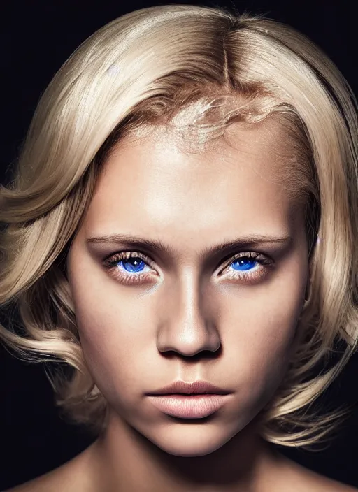 Prompt: Hasselblad X1D-50C, medium format, 8K, highly detailed, photographic extreme close-up face of a pretty girl with blond hair , Low key lighting, photographed by Erwin Olaf ,dark background, high quality,high contrast ,complementary colors ,Hasselblad X1D-50C, medium format, photo-realistic.