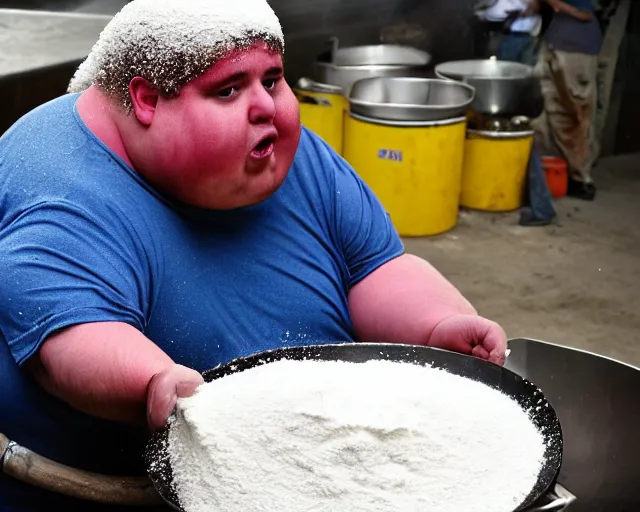 Image similar to Obese fan with an afro eating as much flour and oil humanly possible, he weighs 900 pounds and is drinking oil from a pitcher