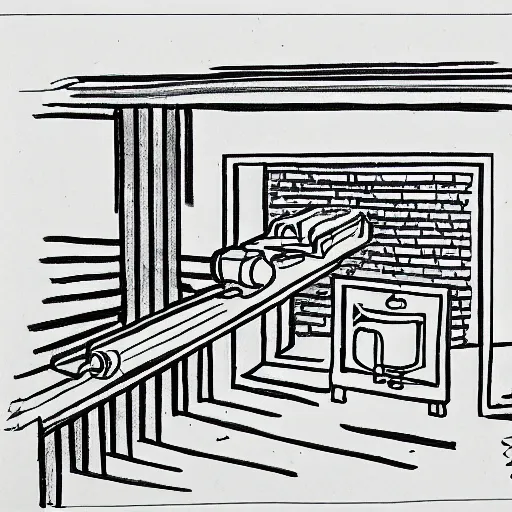 Image similar to line drawing of a furnace with people around it, pen on paper simple drawing by a 1 0 year old