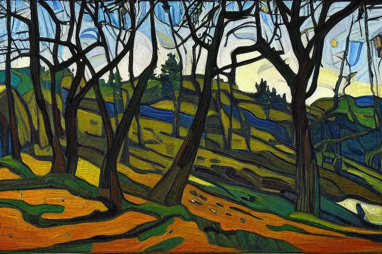 Image similar to masterpiece painting of oak trees on a hillside overlooking a creek, dramatic lighting, by tom thomson