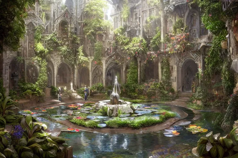 Image similar to extreme low angle shot of an open courtyard in a beautiful elven city made of ivory and silver, intricate, vivid colors, lush trees, flowers, ponds, fountain, subsurface scattering, volumetric lighting, concept art, fantasy digital painting by James Gurney, by Greg Rutkowski, trending on Artstation, highly detailed, 8k