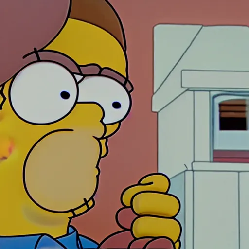 Prompt: Homer Simpson in Moe's tavern as viewed by a fly on the wall