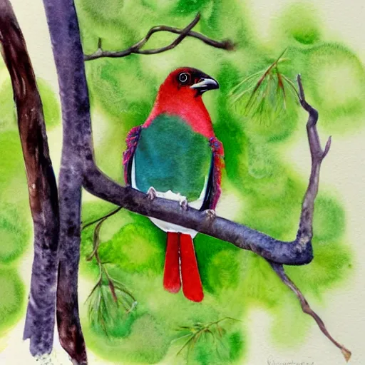 Prompt: A realistic watercolour painting of a Trogon in a wild avocado tree, watercolour, splattering