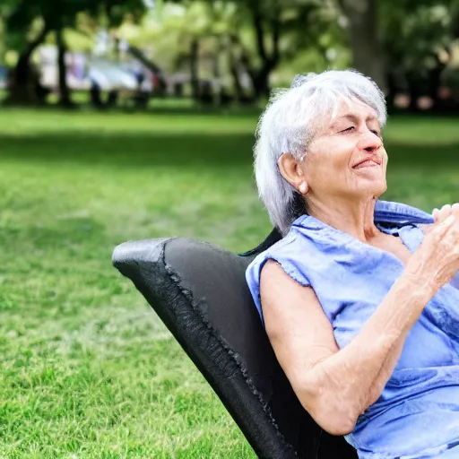 Image similar to an older woman sitting in a park wearing a small oxygen cannula under her nose, 4 k,