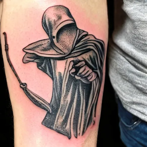 Image similar to photograph of a tatoo showing an etching of a plague doctor side shot looking at a very old pocket watch in the palm of his hand