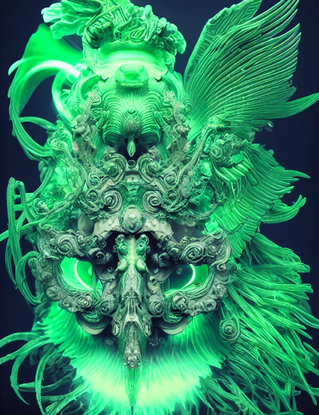 Prompt: classical green goddess phoenix macro close - up portrait with mask made of ram skull. betta fish, jellyfish phoenix, bioluminiscent, plasma, ice, water, wind, creature, super intricate ornaments artwork by tooth wu and wlop and beeple and greg rutkowski