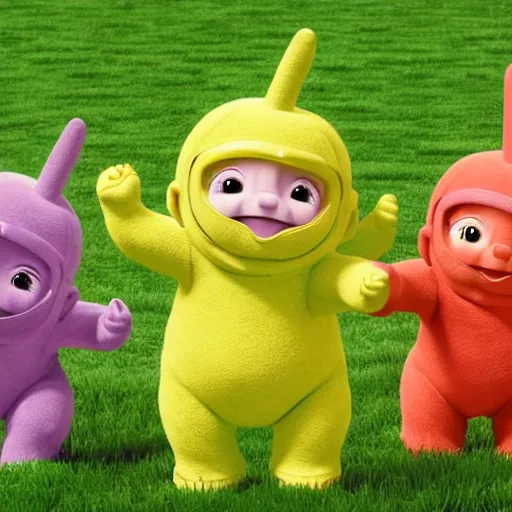 Image similar to Teletubbies with wide open eyes and smile, highly detailed, sharp focus, octane render, realistic eyes