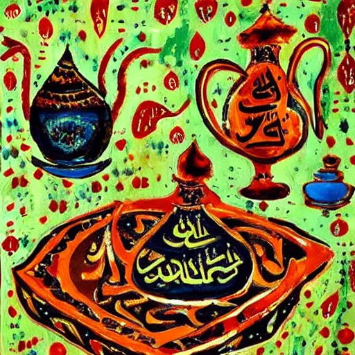 Image similar to Arabic calligraphy, Moroccan tea set, painting by jackson pollock