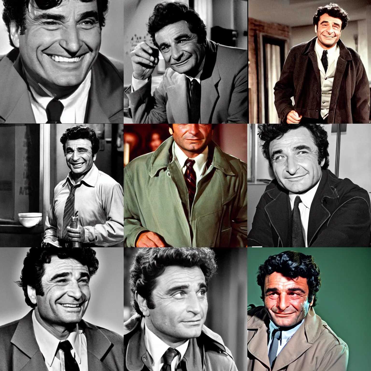 Prompt: a young peter falk as police detective columbo in his messy trenchcoat, smiling, shrunken down to 3 inches tall