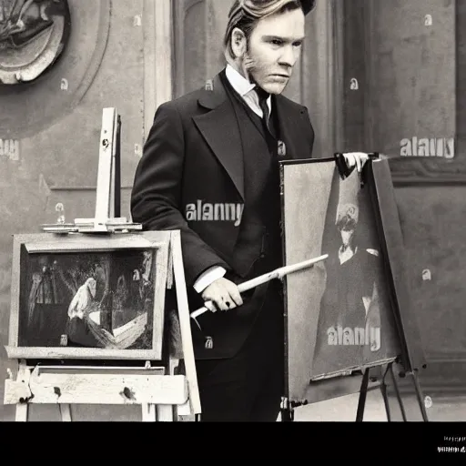 Image similar to ewan mcgregor is dressed as a gentleman at early 2 0 th century paris. he is watching an easel. that easel has a canvas on it. ewan mcgregor has a brush on his hand. he is painting a painting. realistic painting with strong outlines