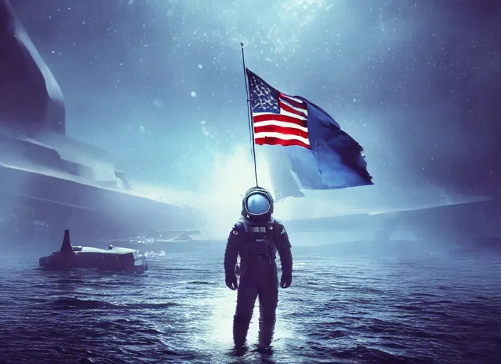 Image similar to astronaut holding a flag in an underwater desert. a submarine is visible in the distance. dark, concept art, cinematic, dramatic, atmospheric, 8 k, trending on artstation, blue, fish, low visibility, fog, ocean floor, christopher nolan, interstellar