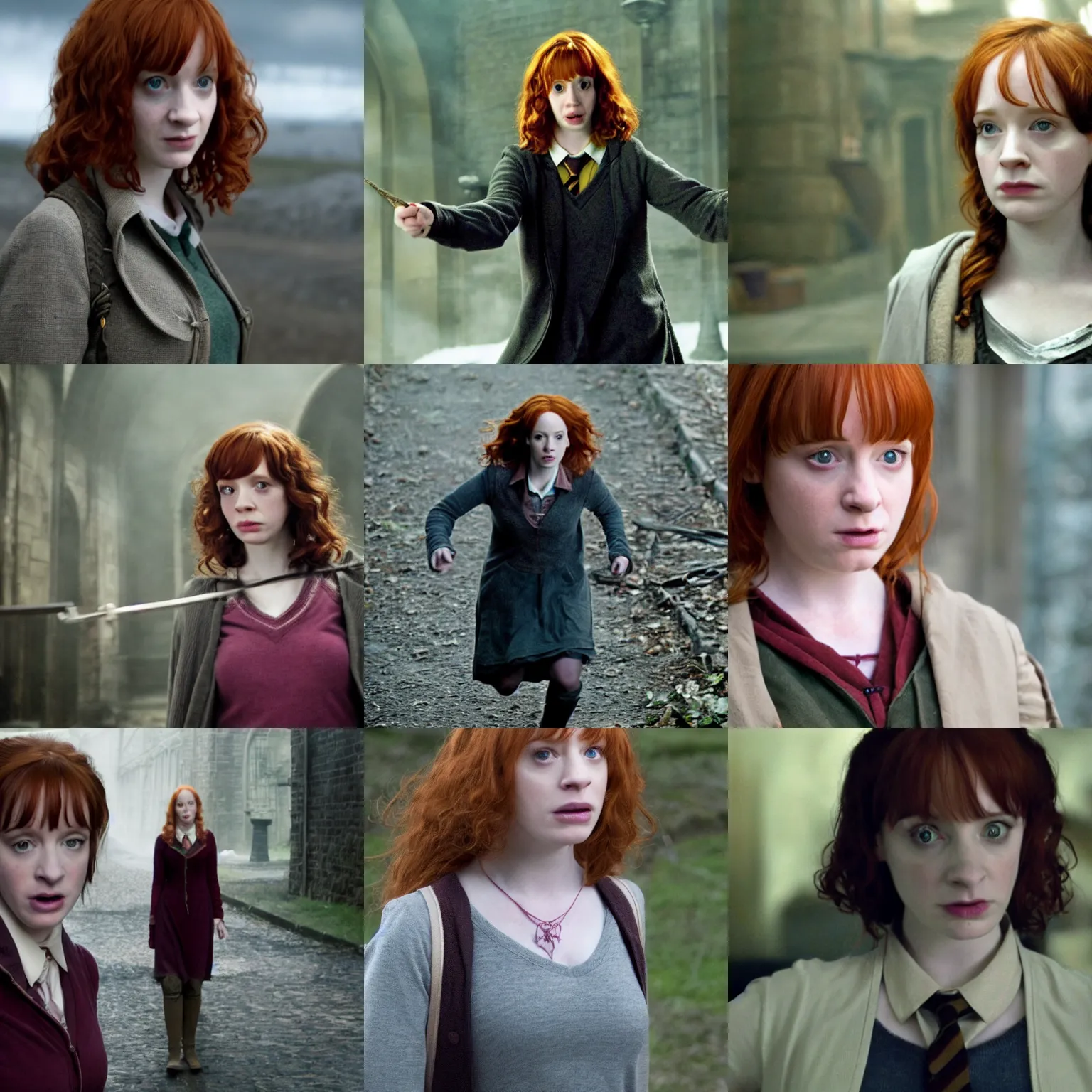 Prompt: female harry potter played by young christina hendricks, movie still from harry potter deathly hallows by david yates, wide shot, 4 k