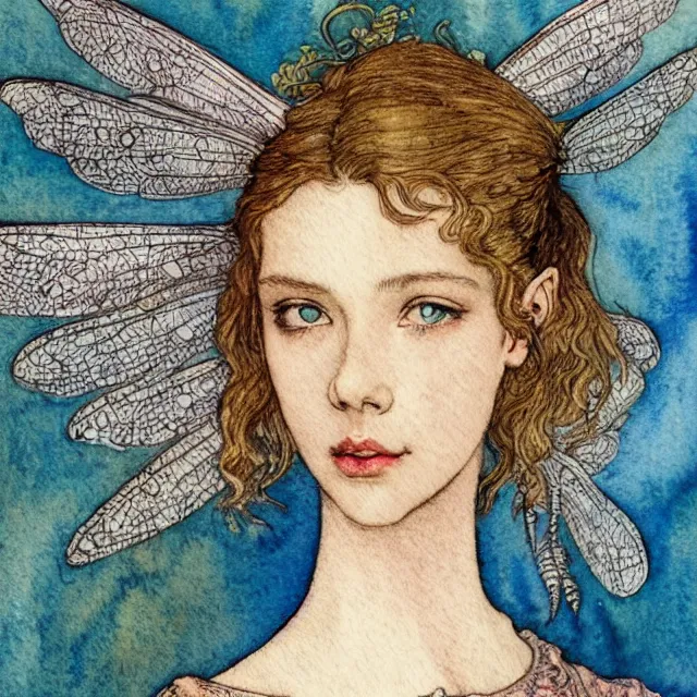 Prompt: a detailed, intricate watercolor and ink portrait illustration with fine lines of young 1 4 year old scarlett johannson as a happy winged fairy with dragonfly wings wearing a peasant dress, by arthur rackham and edmund dulac and lisbeth zwerger